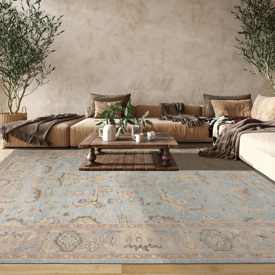 9'x12' Hand Knotted Oushak 100% Wool Transitional Oriental Area Rug Aqua, Taupe Color
