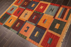 4' x 6'4" Hand Woven 100% Wool Contemporary Southwestern Kilim Area Rug Rust - Oriental Rug Of Houston