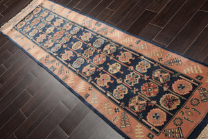 Ottoman Runner Hand Knotted 100% Wool Tibetan Oriental Area Rug Blue 2'6” x 9' - Oriental Rug Of Houston