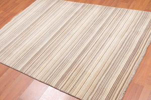 4'7 x 6'6 Hand Knotted Wool Abstract Stripes Muted Earth Tones Oriental Area Rug Beige, Tan Color