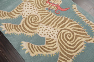 3x5 Aqua, Beige Hand Tufted Hand Made 100% Wool Chinese Lion Novelty Oriental Area Rug