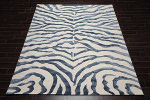 Multi Sizes Handmade Wool & Faux Silk Animal Print Zebra Area Rug Ivory Blue - Oriental Rug Of Houston