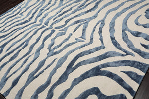 Multi Sizes Handmade Wool & Faux Silk Animal Print Zebra Area Rug Ivory Blue - Oriental Rug Of Houston
