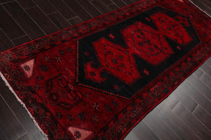 Vintage Hamadan Runner Hand Knotted Wool Traditional Area Rug Red 3'10'' x 9'2''