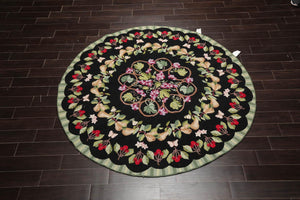 Round Hand Hooked 100% Wool Traditional Oriental Area Rug Black 8' x 8' - Oriental Rug Of Houston
