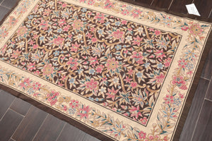 4' x 6' Hand Knotted Traditional Wool French Aubusson Needlepoint Area Rug Brown