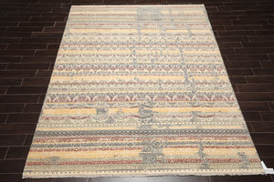 8x10 Ivory, Blue Hand Knotted 100% Wool Peshawar Transitional Oriental Area Rug