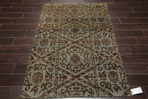 4x6 Aqua, Brown Hand Knotted Indo Tibetan New Zealand Wool Transitional Oriental Area Rug
