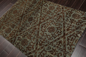 4x6 Aqua, Brown Hand Knotted Indo Tibetan New Zealand Wool Transitional Oriental Area Rug