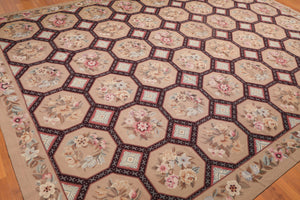 9' x 12' Hand Woven Floral 100% Wool French Needlepoint Area Rug Tan - Oriental Rug Of Houston
