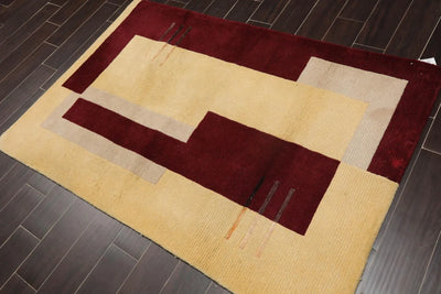 4' x 6' Handmade Wool Modern Pile Area Rug Maroon, Beige, Light Gold - Oriental Rug Of Houston