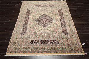 8'1"x 10'3" Hand Knotted Wool PakPersian 300 KPSI Area Rug Ivory Black Aqua - Oriental Rug Of Houston