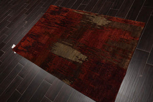 4'x5'10'' Hand Knotted Tibetan 100% Wool Abstract Modern & Contemporary Oriental Area Rug Rust, Olive Color - Oriental Rug Of Houston