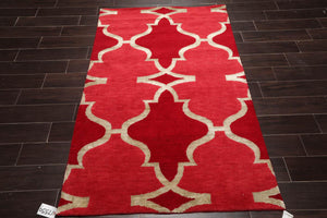 4'1''x6'1'' Hand Knotted Tibetan Wool and Bamboo Silk Kalaty Transitional Oriental Area Rug Raspberry,Red Color - Oriental Rug Of Houston