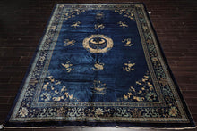 10x14 Royal Blue, Beige Hand Knotted 100% Wool Art Deco Traditional Oriental Area Rug - Oriental Rug Of Houston