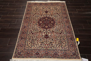 4' x6'  Ivory Taupe Burgundy Color Hand Knotted Persian 100% Wool Traditional Oriental Rug
