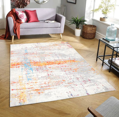 4' x6'  Ivory Gray Orange Color Machine Made Micro Printed Cotton Modern & Contemporary Oriental Rug