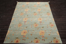 8'1" x11' Hand Knotted Wool & Silk Bold floral Pattern Tibetan Area Rug Sea Blue
