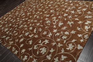 8'1" x 10'10" Hand Knotted Wool & Silk Bold floral Tibetan Area Rug Brown
