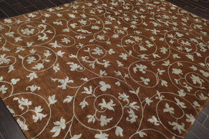 8'1" x 10'10" Hand Knotted Wool & Silk Bold floral Tibetan Area Rug Brown - Oriental Rug Of Houston