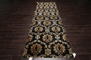Runner Hand Knotted Wool & Silk Damask Tibetan Area Rug Black Gold 3'11" x 11'9" - Oriental Rug Of Houston
