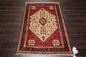 Ivory Red 3'4" x 4'9" Hand Knotted Wool Abadeh Traditional Oriental Area Rug
