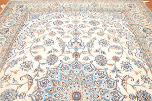 6'10" x 10’ Hand Knotted Auth. Nain Medallion Wool Silk Oriental Area Rug Ivory - Oriental Rug Of Houston