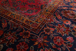 10' 5''x13' 9''Hand Knotted 100% Wool 300 KPSI Antique Sarouk Oriental Area Rug Rose, Navy Color