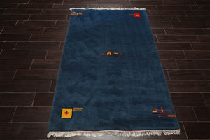 4' x6' Teal, Yellow Hand Knotted 100% Wool Gabbeh Tribal Oriental Area Rug