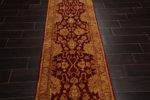 2'6''x11'10'' Runner Rusty Red, Gold Color Hand Knotted Persian 100% Wool Chobi Peshawar Traditional Oriental Area Rug
