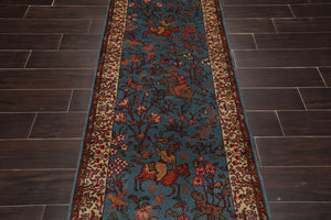 2'7''x14'6'' Runner Hand Knotted Wool Rear Romanian Pictorial Hunting Area Rug Teal