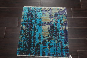 2’ x 2’ Hand Knotted Wool & Silk Modern Square Tibetan Area rug Turquoise