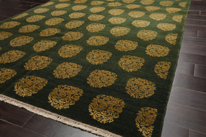 6x9 Green Hand Knotted Tibetan 100% Wool Damask Traditional Oriental Area Rug