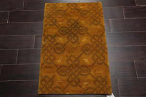 2’x3’ Hand Knotted Wool & Silk Transitional Tibetan Oriental Area rug Gold - Oriental Rug Of Houston