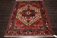 5'1" x 6'6" Hand Knotted Wool Herizz Vegetable Dyes Oriental Area Rug Ivory Red