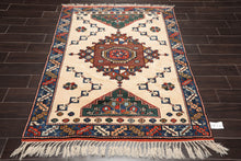 4'7" x 6' Hand Knotted Wool on Wool Tribal Afghan Kazak Veg Dyes Area Rug Ivory