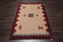 4'1" x 6'1" Hand Knotted Wool thick pile Gabbeh Area Rug Traditional Beige - Oriental Rug Of Houston