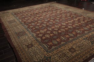 12'3"x16' Palace Chocolate, Moss Hand Knotted 100% Wool Peshawar Arts & Crafts Oriental Area Rug