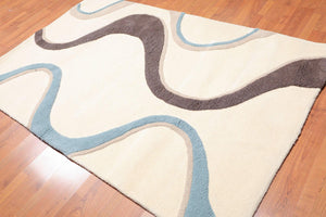 5'x8' Ivory Blue Brown, Tan Color Hand Tufted High Low Pile RUG 100% Wool Modern  Oriental Rug