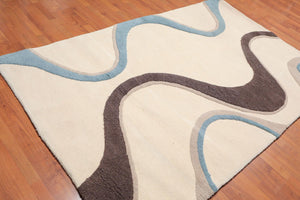 5' x 8' Handmade Modern 100% Wool High Low Pile Area rug Ivory - Oriental Rug Of Houston
