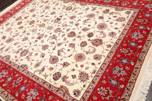 8'2''x 10'4" Hand Knotted 100% Wool 16/18 Pakpersian 300 KPSI Area Rug Ivory Red - Oriental Rug Of Houston