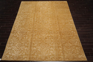 9x12 Gold Hand Knotted Tibetan Wool and Silk Damask Transitional Oriental Area Rug