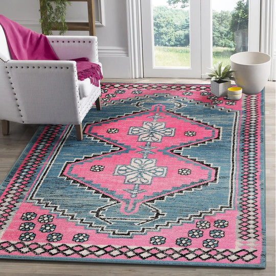 Multi Size Pink, Blue Machine-Made Polypropylene Gigi Traditional Persian Oriental Area Rug