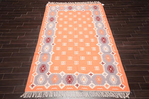 6'6'' x 10' Peach Hand Woven Rare Romanian Kilim Wool Southwestern Oriental Area Rug - Oriental Rug Of Houston