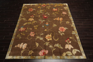 8x10 Brown, Gold Hand Knotted Tibetan Wool and Silk Lapchi Traditional Oriental Area Rug
