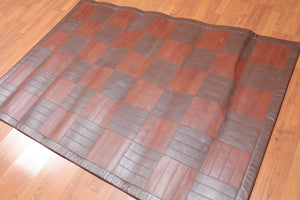 4'4" x 6'3" Hand Woven Rare Ultra Hip Designer Leather Flatweave Area rug Brown - Oriental Rug Of Houston
