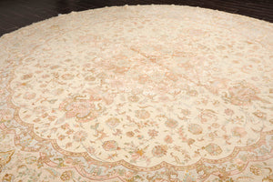 13'2''x13'2'' Round Ivory, Taupe Hand Knotted Wool and Silk Tabriz Traditional 300 KPSI Oriental Area Rug
