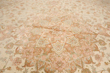 13'2''x13'2'' Round Ivory, Taupe Hand Knotted Wool and Silk Tabriz Traditional 300 KPSI Oriental Area Rug