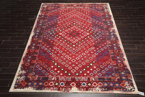 8' x11'  Red Ivory Blue Color Machine Made Persian 100% Wool Modern & Contemporary Oriental Rug.