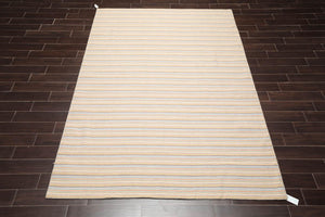 6'8'' x 9'11'' Hand Knotted Wool Designer Stripes Flat Weave Area Rug Beige - Oriental Rug Of Houston